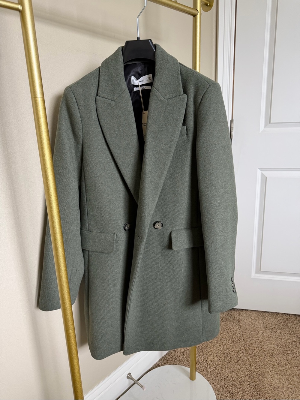 MANGO women’s Double-Breasted Wool-Blend Coat in sage olive green